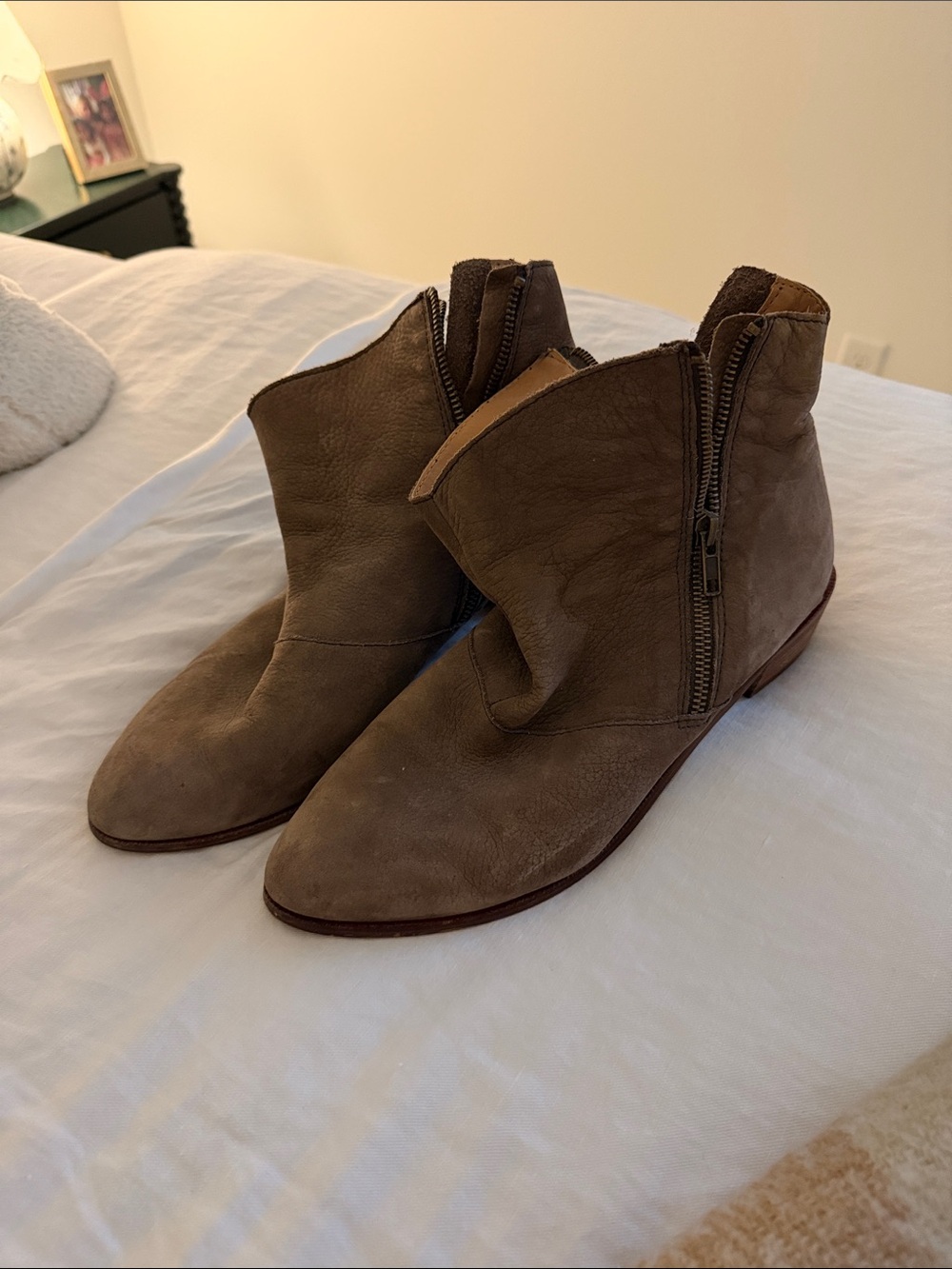 Kelsi Dagger Taupe Suede Ankle Booties with Side Zipper